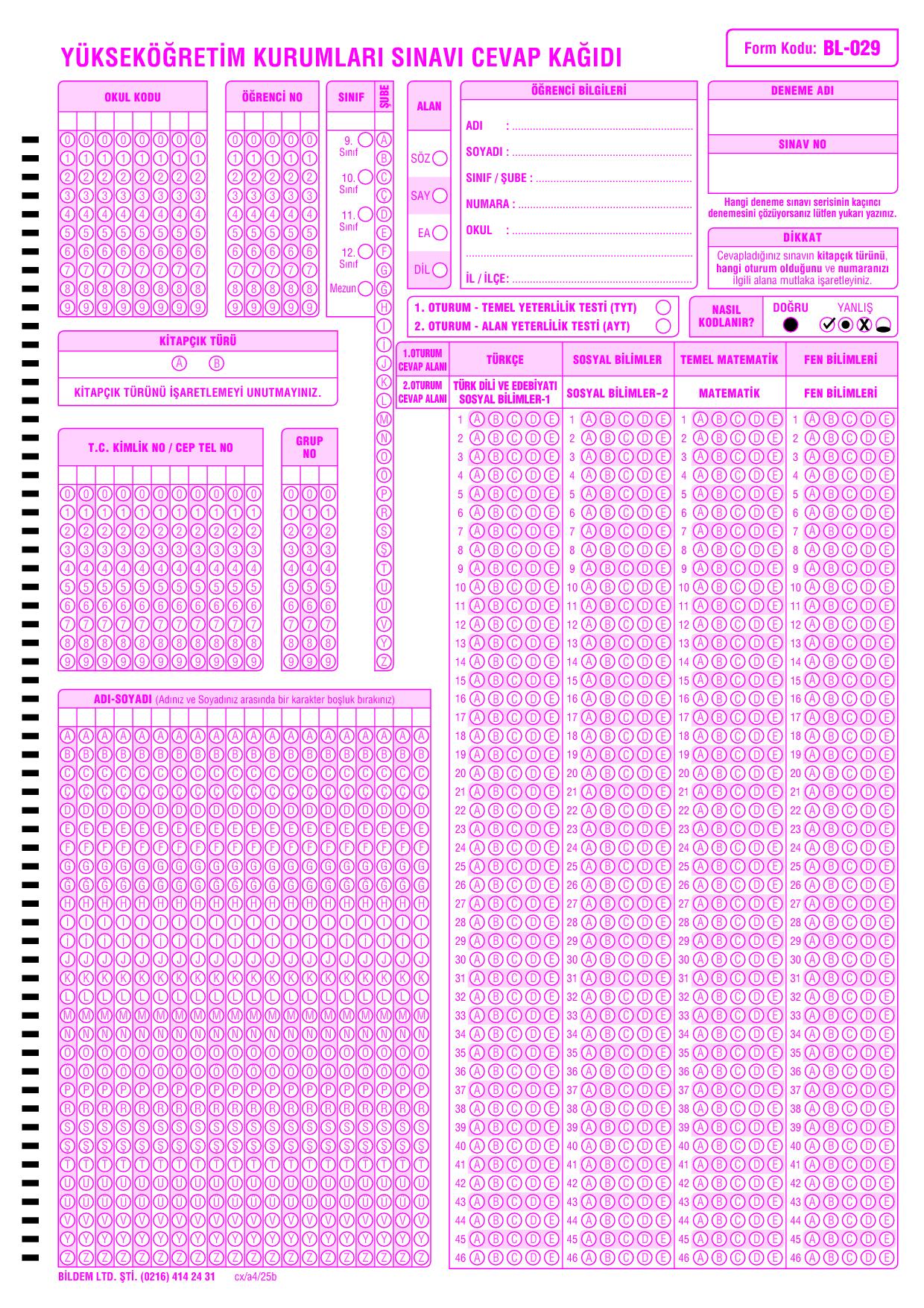 TYT/AYT/YKS Optik Form